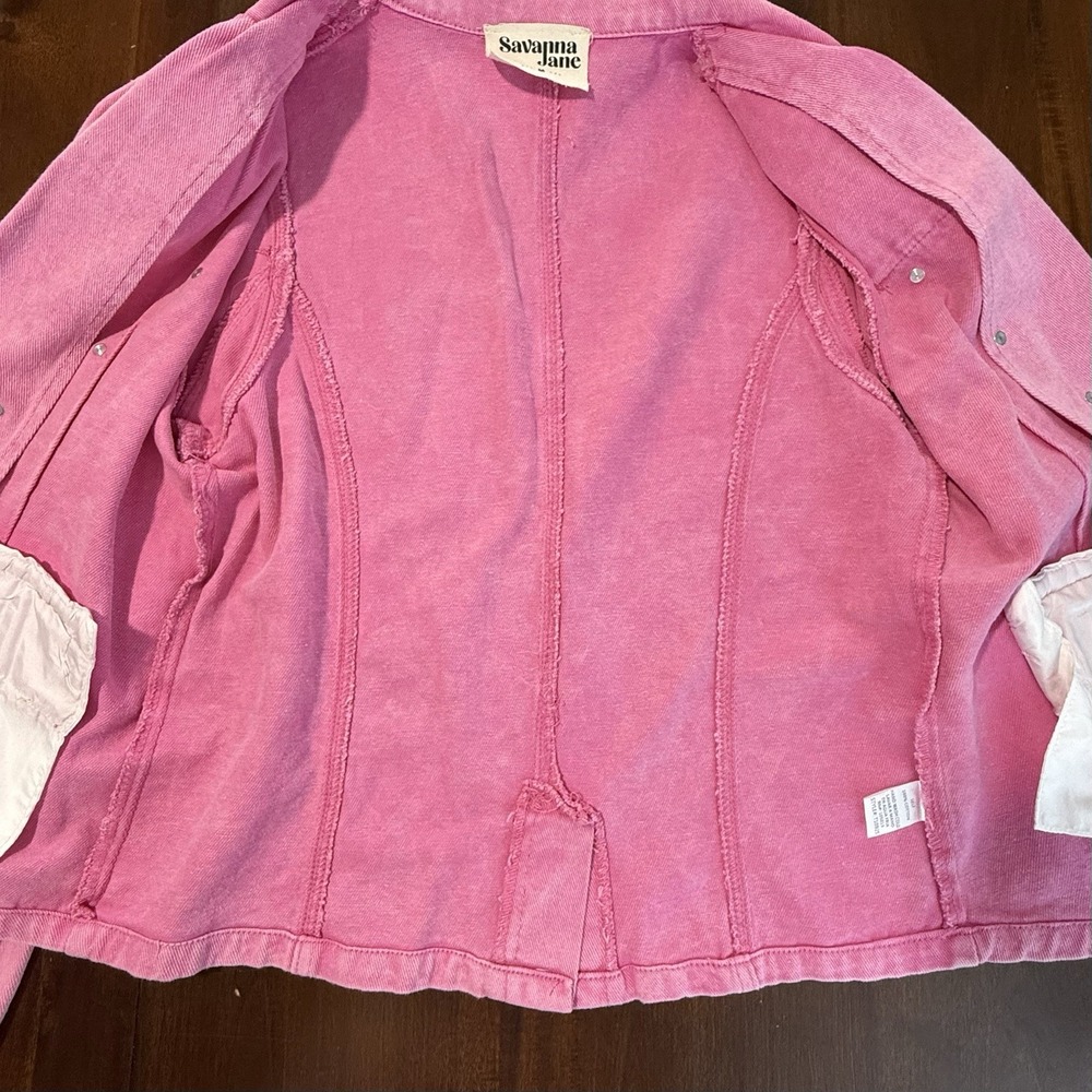Savanna Jane Womens Pink Denim Double Breasted Blazer Jacket Size M Puff Sleeve - Picture 4 of 12